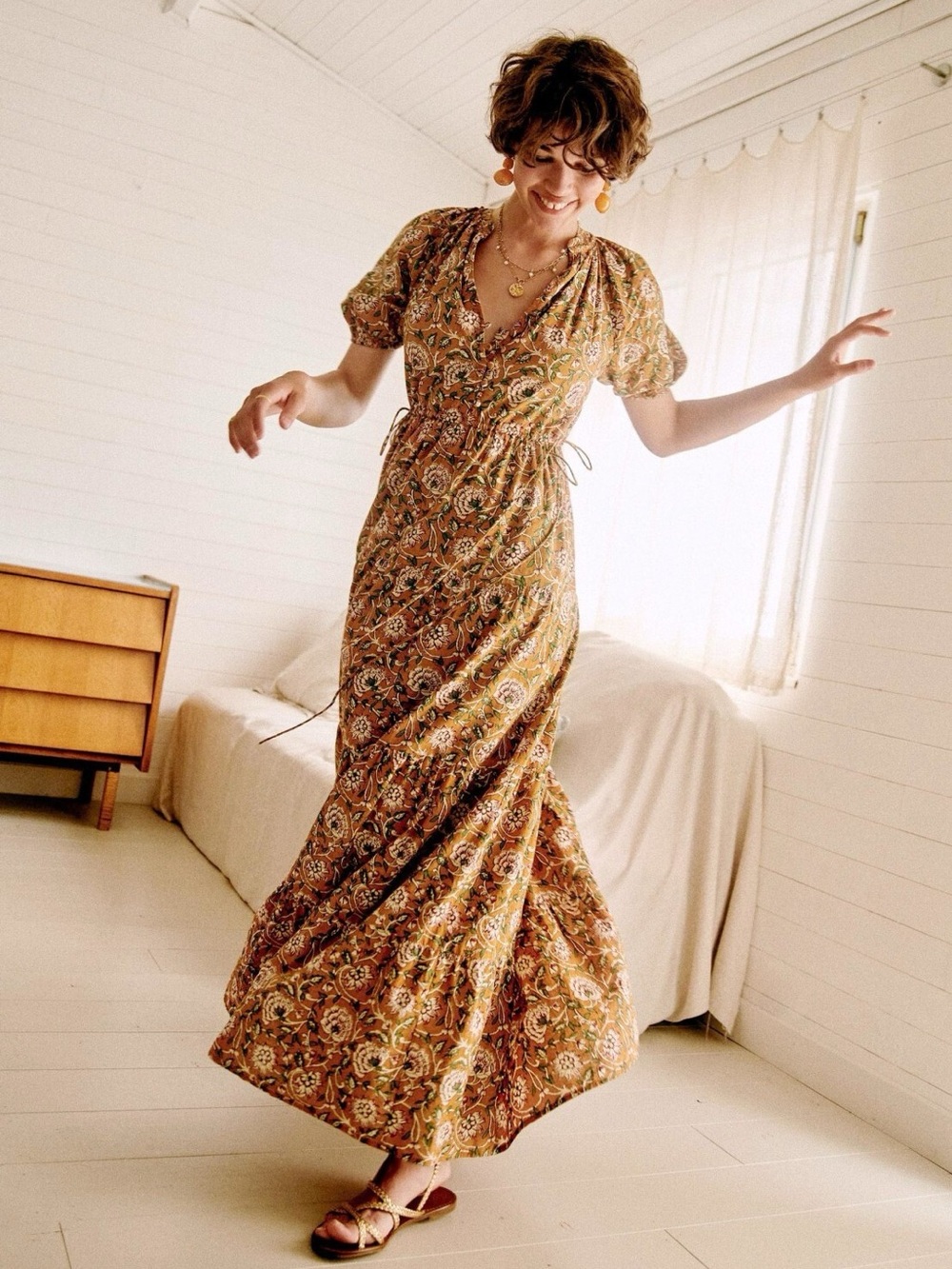 SEZANE Yellow Floral Printed Puff Sleeve Tiered Drawstring Estelle Maxi Dress